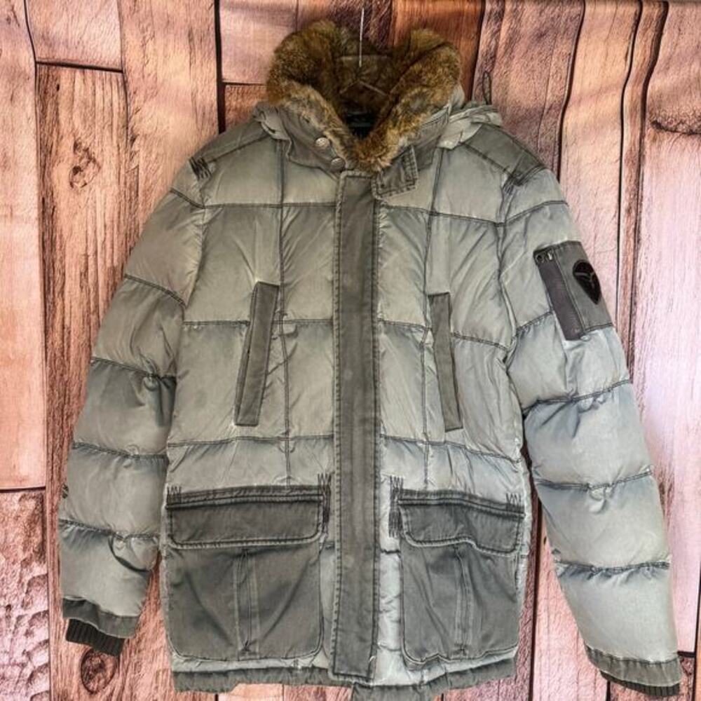 Armani Jeans Men’s Gray Down Puffer‎ Jacket Fur Trim Hood Coat Size M Outerwear